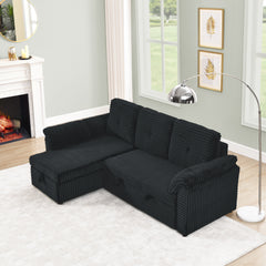 Corduroy Tufted Upholstered Sleeper Sectional Sofa, L-Shaped Modular Convertible Sofa with Reversible Storage Chaise, Pull Out Sleep Couch Bed and Reclining Backrest Perfect for Living Space, Black