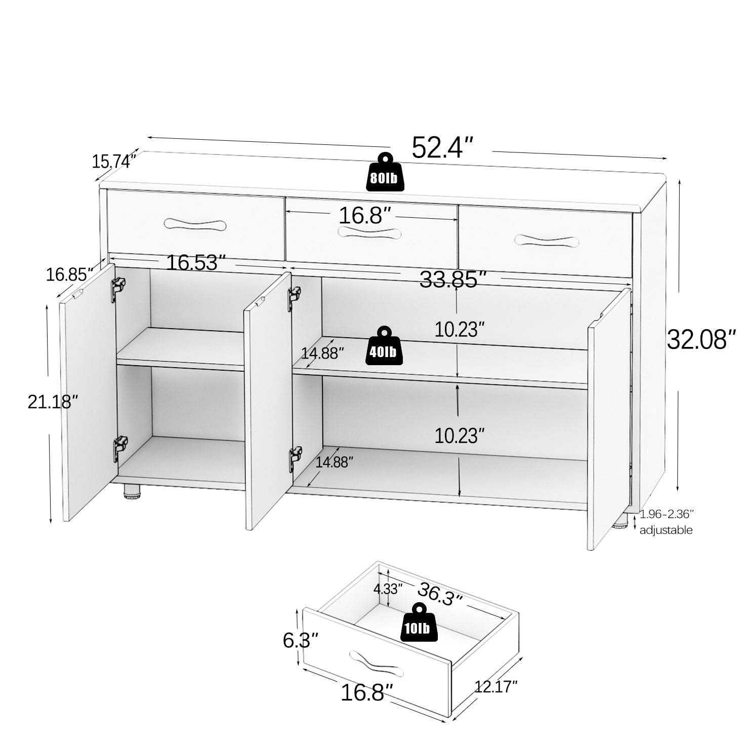 52.6" Gray Cabinet with Doors & Drawers for Storage - Minimalistic Design for All Your Room