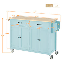 Kitchen Island Cart with 4 Door Cabinet and Two Drawers and 2 Locking Wheels - Solid Wood Top, Adjustable Shelves, Spice & Towel Rack Mint Green