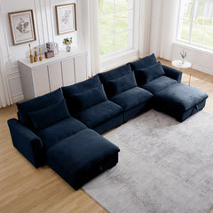 Big Deep Seat U-Shaped Corduroy Sectional Couches for Living Room, 4 Seater Sofa Couch with 2 Storage Footstool and 4 Waist Pillows (Corduroy, Blue)