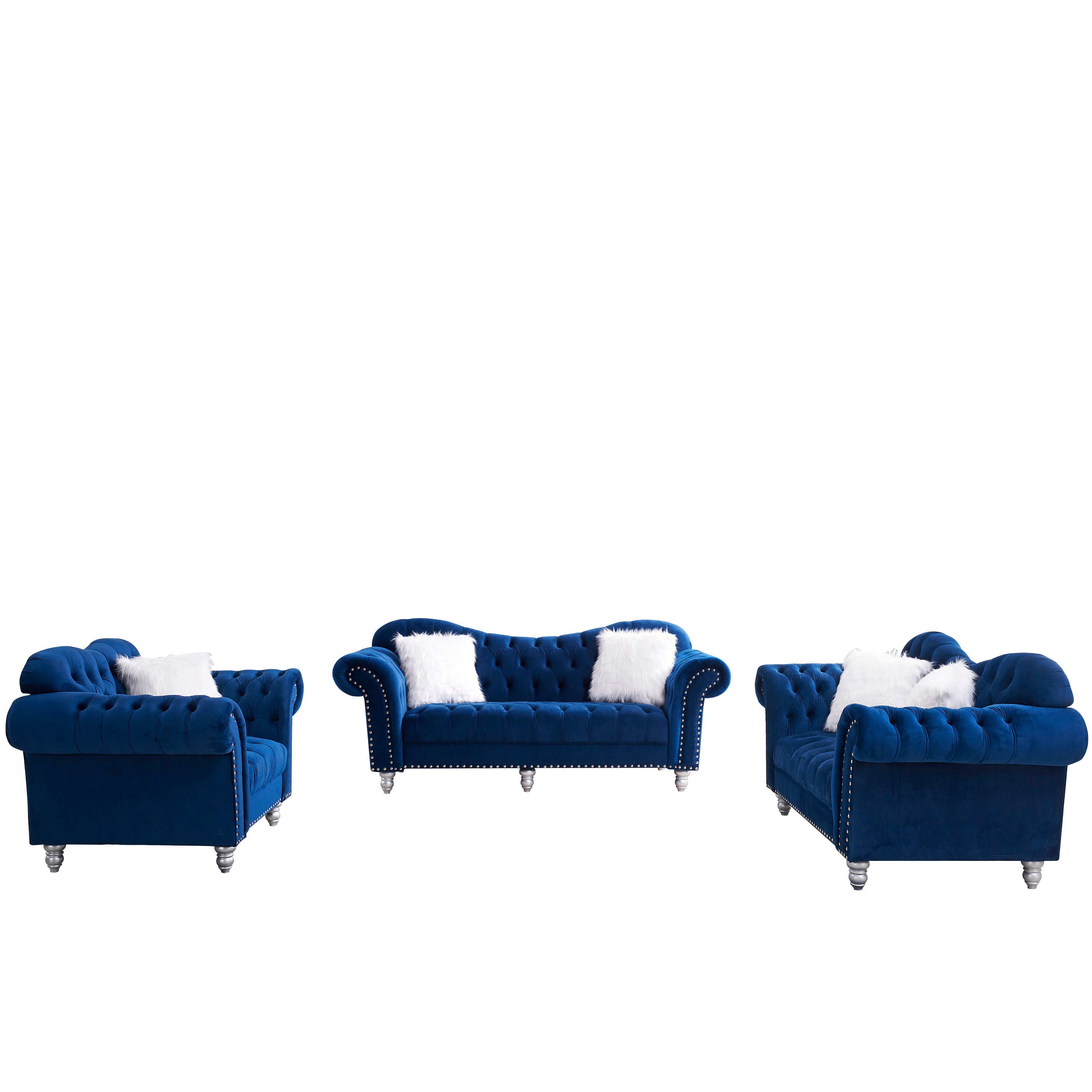 3 Piece Living Room Sofa Set, including 3-Seater Sofa, Loveseat and Sofa Chair, with Button and Copper Nail on Arms and Back, Five White Villose Pillow, Blue.