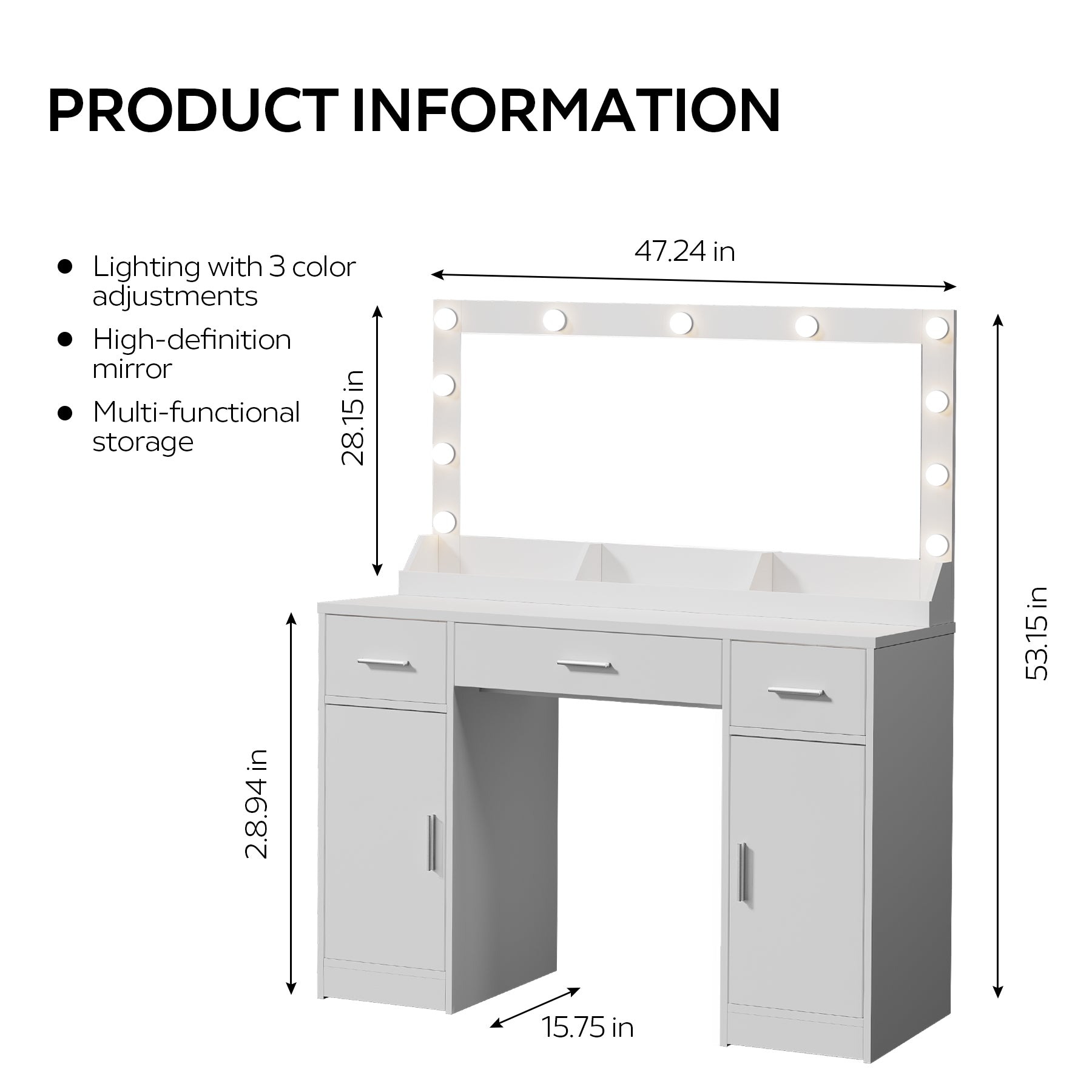 47.2"Vanity Desk with Large Mirror, 3 Colour Lighting Modes, Adjustable Brightness, Dresser with 3 Drawers & 2 Vertical Cabinets, Makeup Vanity Table for Women &  Girls (White)