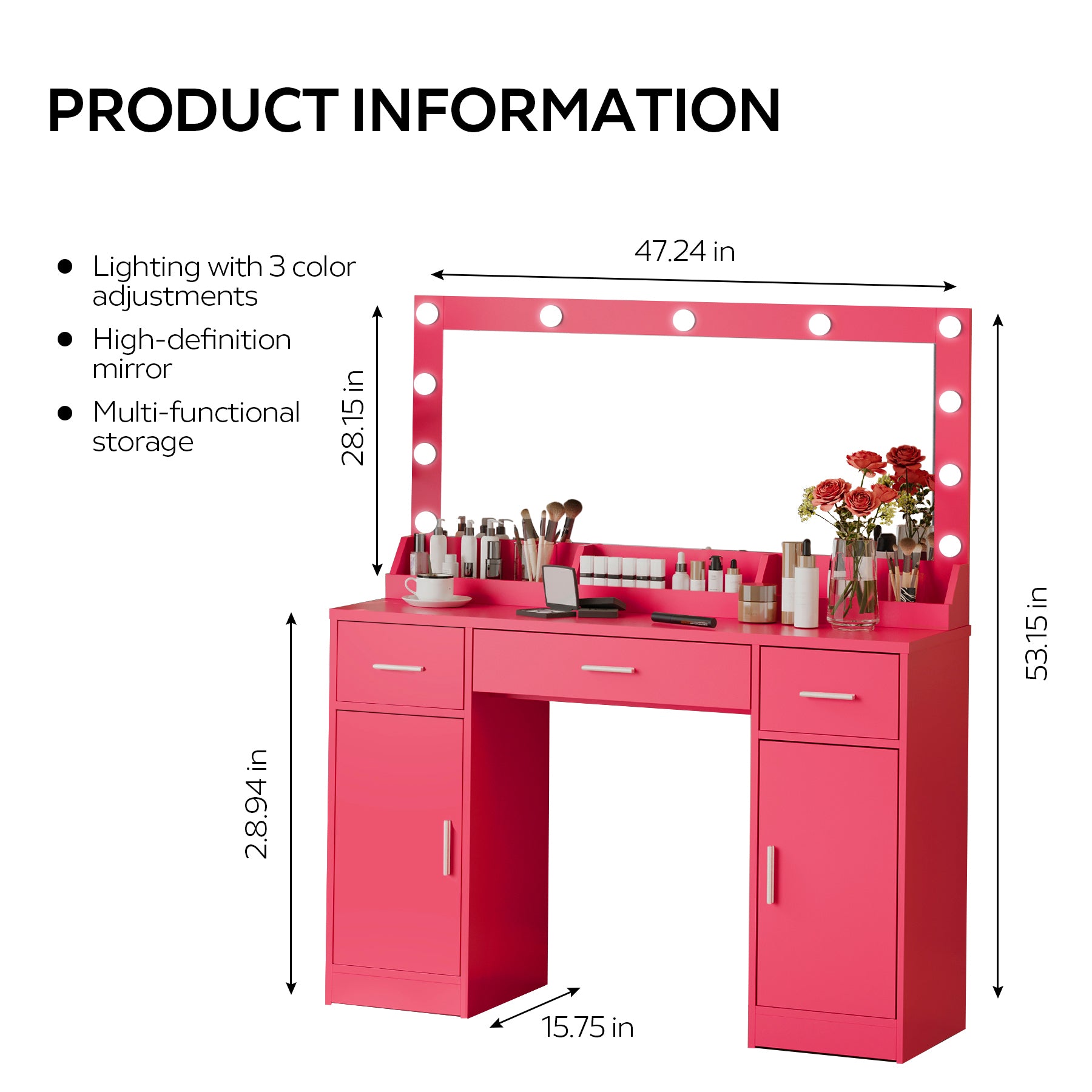 47.2"Vanity Desk with Large Mirror, 3 Colour Lighting Modes, Adjustable Brightness, Dresser with 3 Drawers & 2 Vertical Cabinets, Makeup Vanity Table for Women &  Girls (Rose Pink)