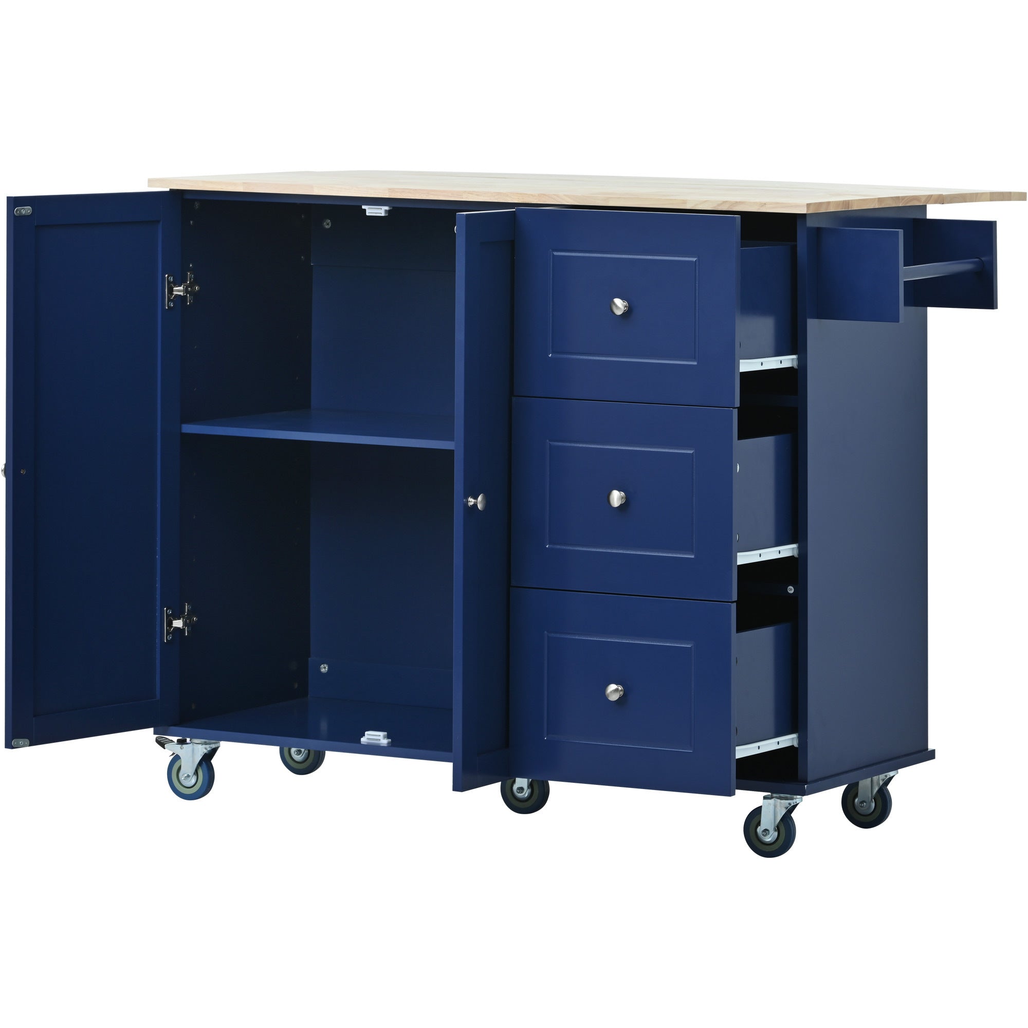 52.7" Rolling Mobile Kitchen Island with Drop Leaf - Solid Wood Top, Locking Wheels & Storage Cabinet, Dark blue