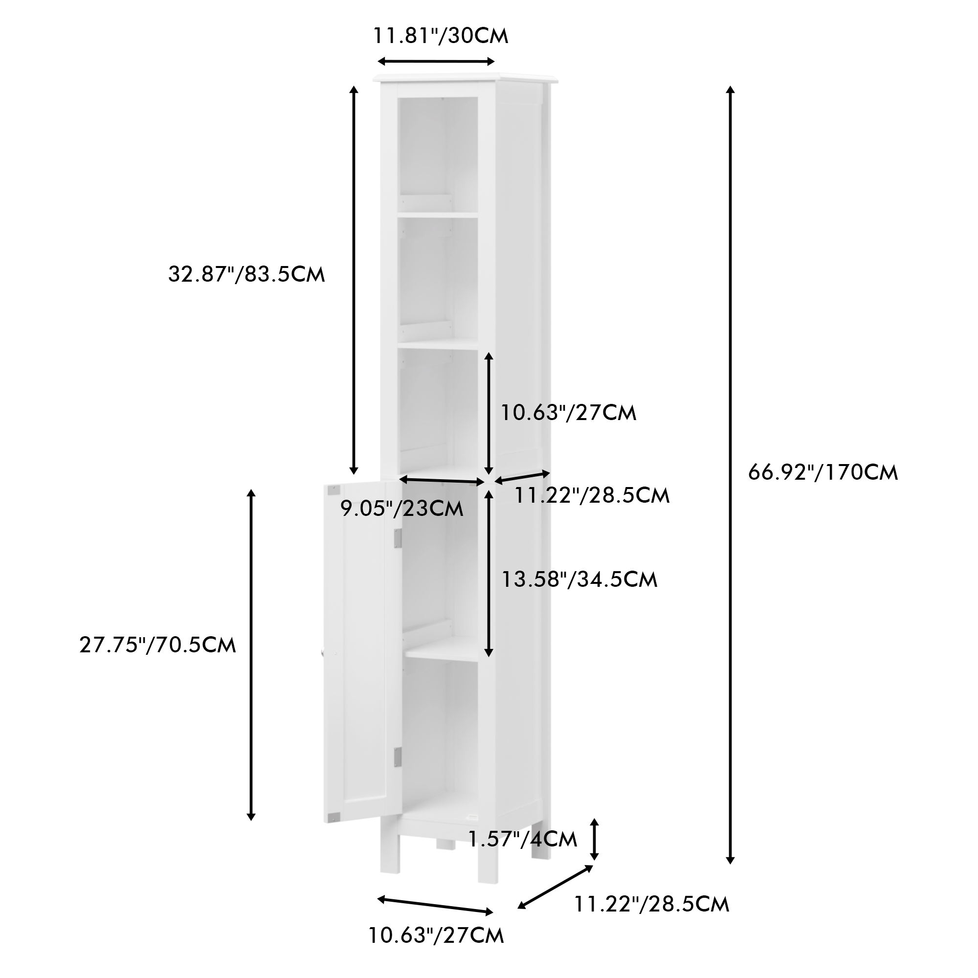 66.92" Tall Bathroom Storage Cabinet with Adjustable Shelves,Slim 1 Doors Freestanding Cabinet with Anti-Tip, Open compartments, for Home, Small Spaces, Bathroom,Kitchen, Living Room, White