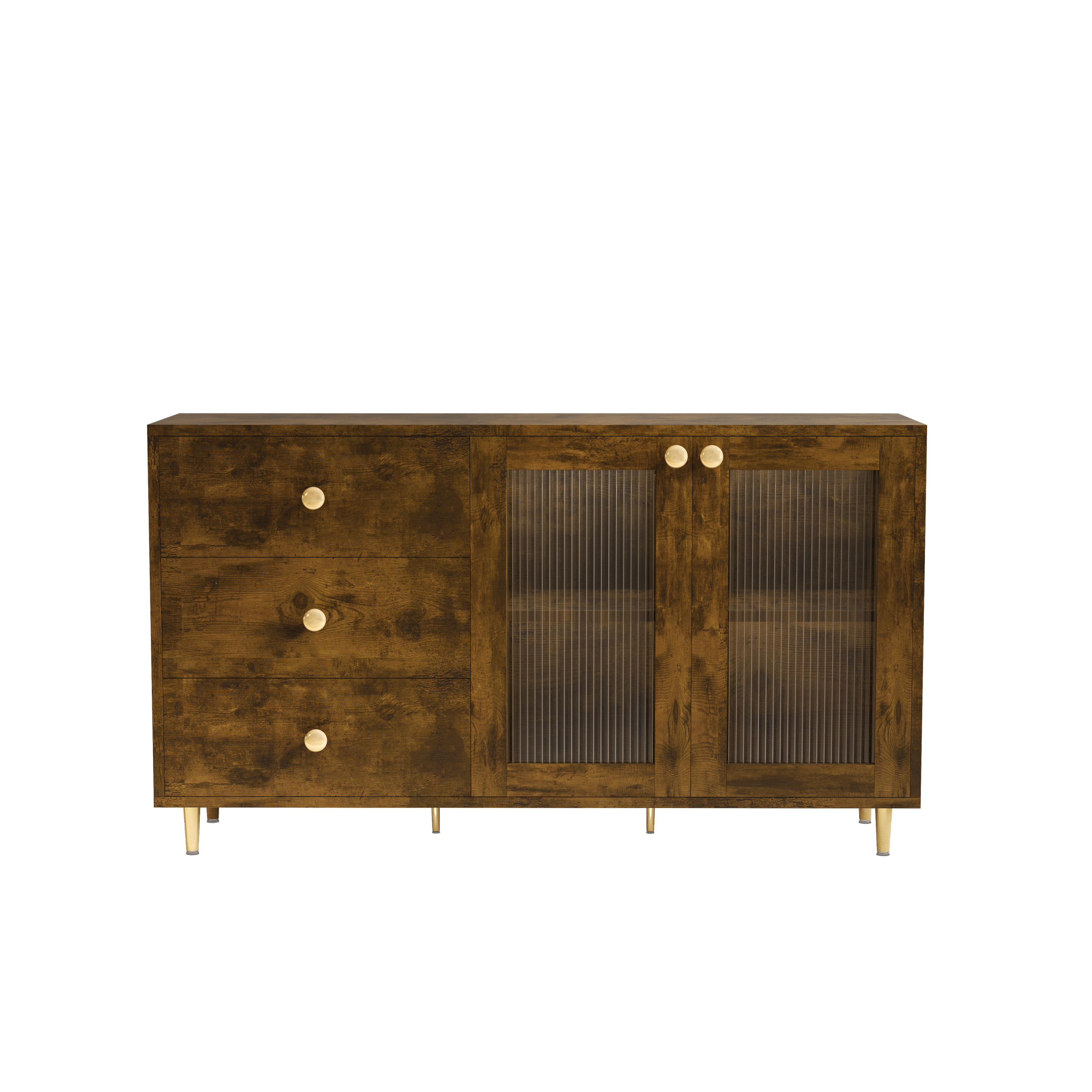 55.1" Brown Sideboard with Glass Doors & Drawers for Storage - Modern Buffet for Dining Room