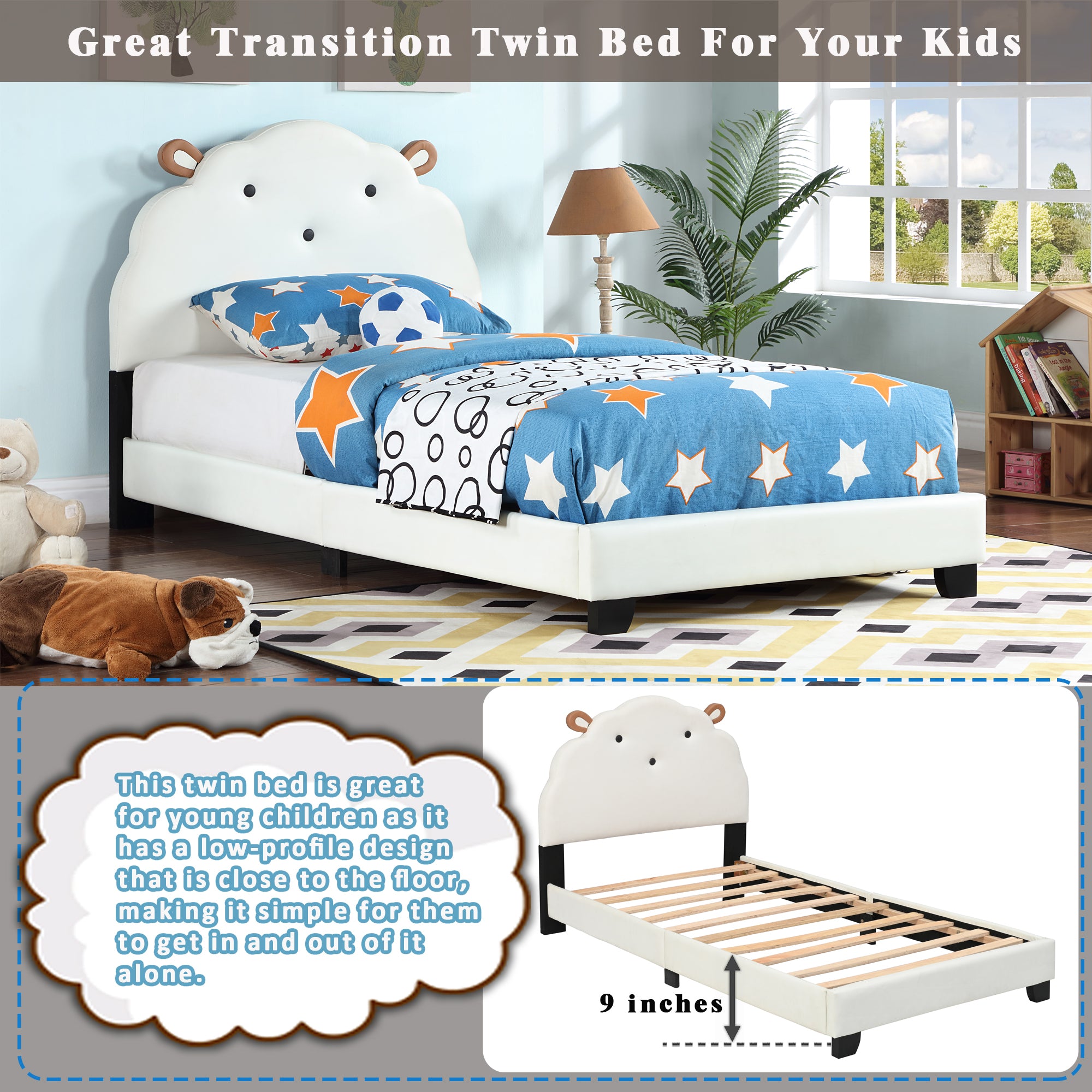 Upholstered Twin Size Platform Bed for Kids, Wooden Bed Frame with Slatted Bed Base, No Box Spring Needed, Cute Bed Frame with Sheep Design Headboard for Girls Boys Teens, White