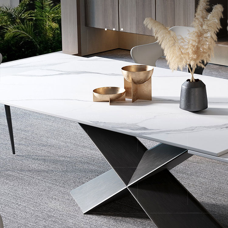 Modern Foldable Rectangular Dining Table with Marble Top and X Base for 6-8 Person qc-170