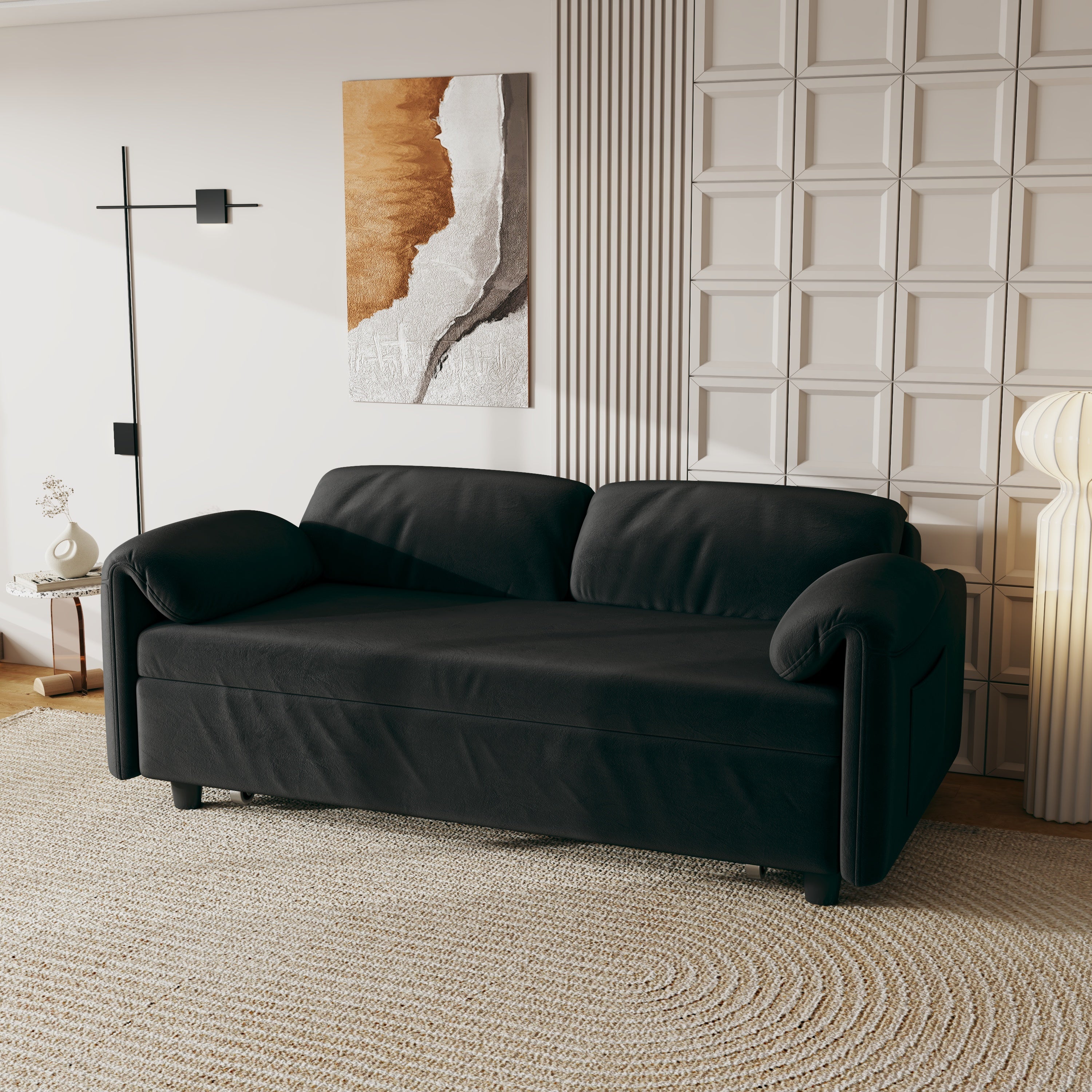 54" Black Velvet Sofa Bed - Modern Pull-Out Sofa for Small Living Room