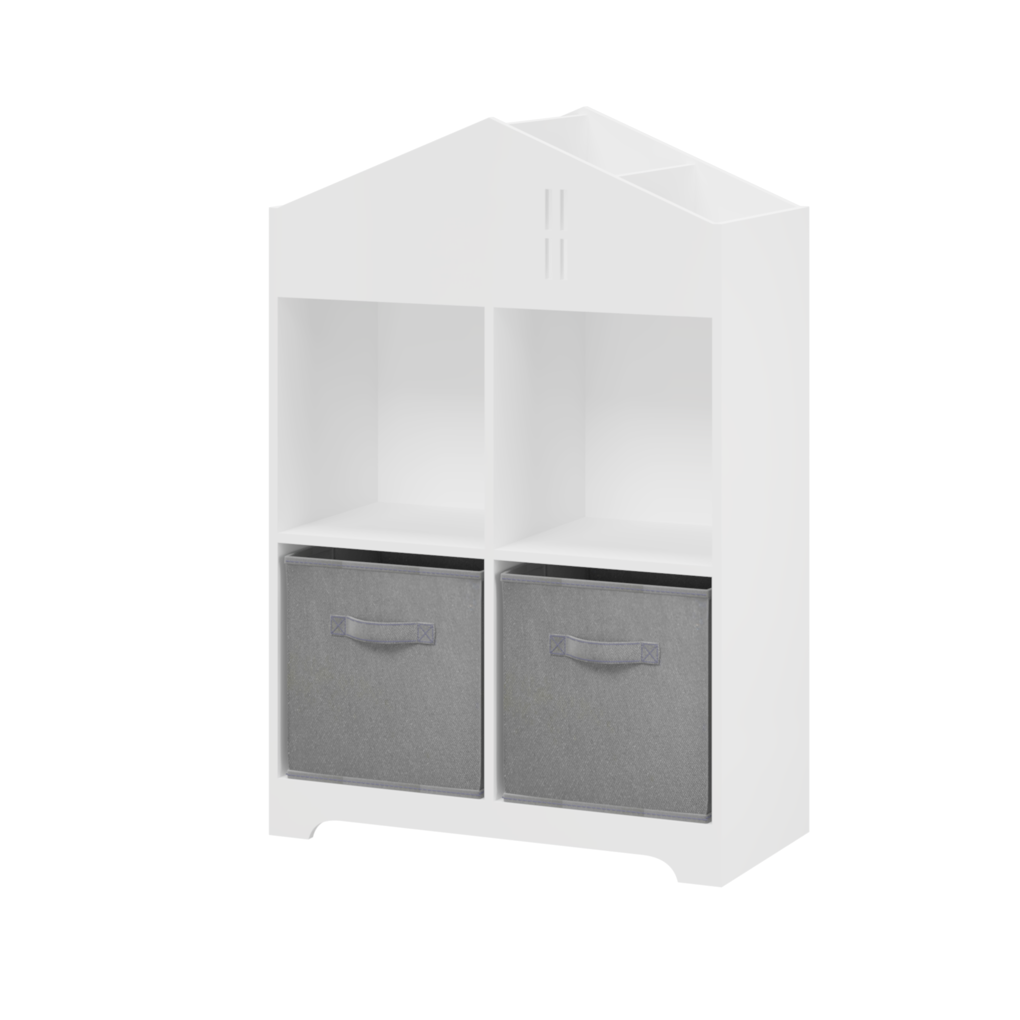 Kids Dollhouse Bookcase with Storage, 2-Tier Storage Display Organizer, Toddler Bookshelf with 2 Collapsible Fabric Drawers for Bedroom or Playroom (White/Gray)