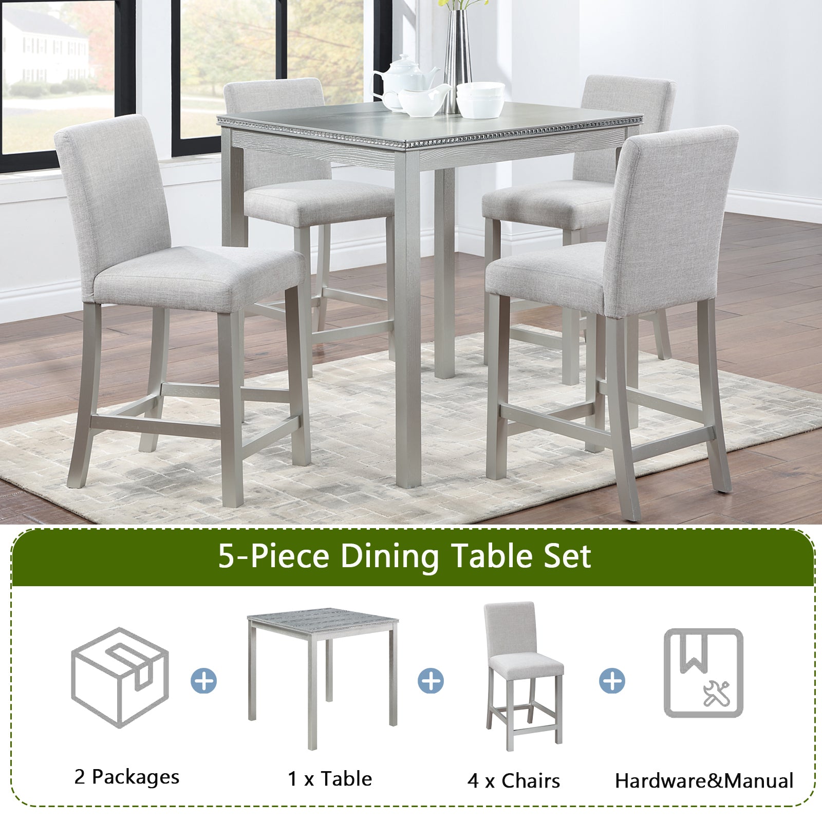 5 Piece Counter Height Table Set, Wooden Kitchen Table Set with Square Table and 4 Upholstered Chairs, Counter Height Dining Table with Crystal Decoration and Chair Set, Silver grey