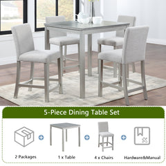 5 Piece Counter Height Table Set, Wooden Kitchen Table Set with Square Table and 4 Upholstered Chairs, Counter Height Dining Table with Crystal Decoration and Chair Set, Silver grey