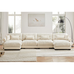 U-Shaped Velvet Sectional Cloud Couch with Movable Ottomans, Deep 4-Seater with Bolstered Armrests and Pillows, Cream