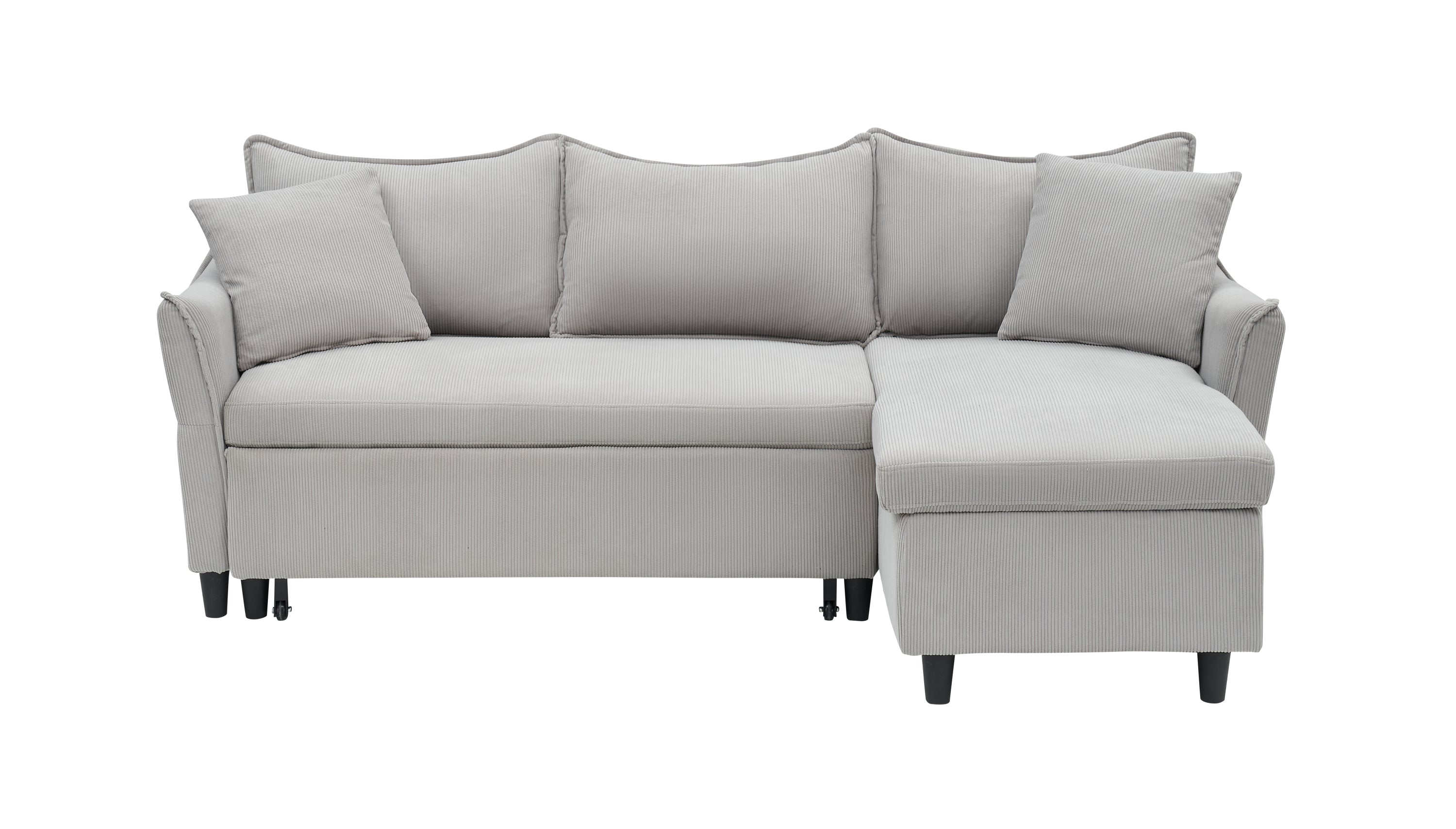 Modern 80" Gray Corduroy Sofa Bed With Two Small Pillows - 3-Seater Pull-Out Sofa With Storage