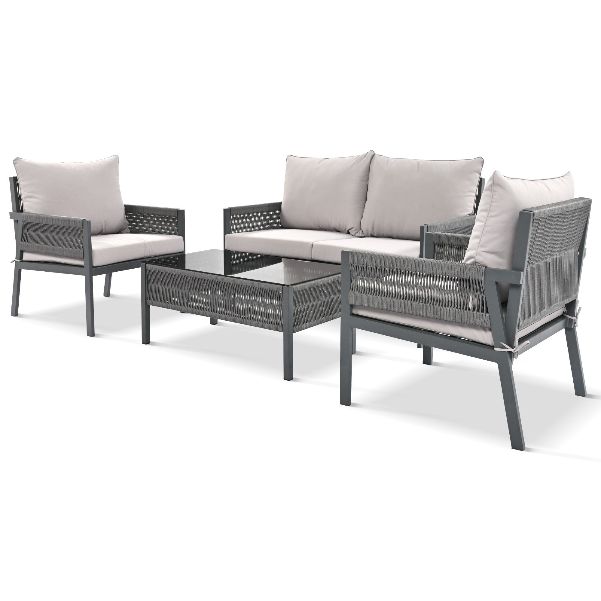 K&K 4-Piece Rope Patio Furniture Set with Tempered Glass Table-Patio Conversation Set Deep Seating with Thick Cushion for Backyard Porch Balcony, Grey