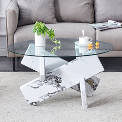 Modern 33.4" Round Glass Coffee Table with Tempered Glass Top & Cross Legs