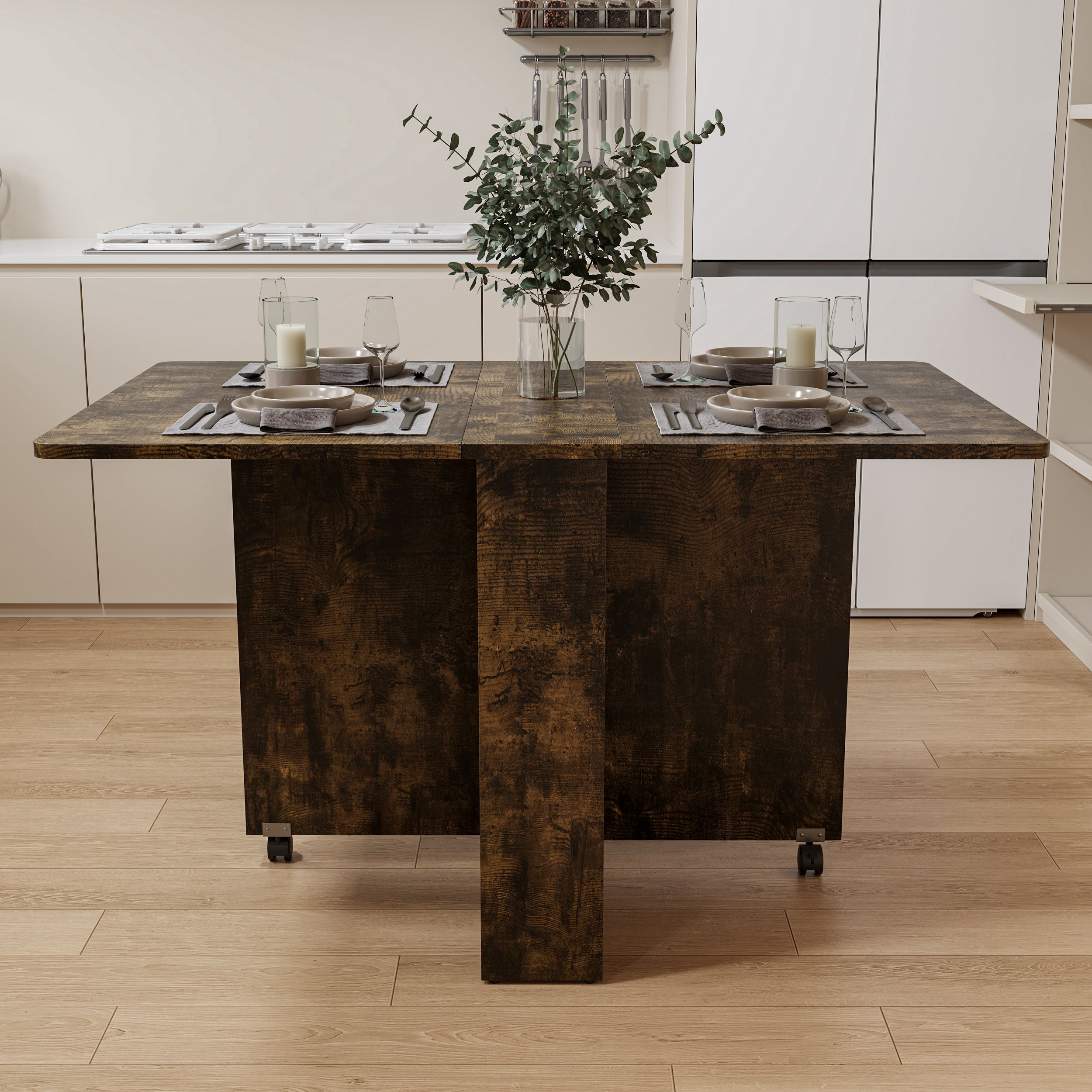 51.2" Convertible Brown Dining Table Cabinet with Wheels Perfect Foldable Table Design for Small Living room