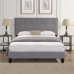 Full Size Upholstered Platform Bed Frame with Modern Button Tufted Linen Fabric Headboard, No Box Spring Needed, Wood Slat Support, Easy Assembly,  Grey