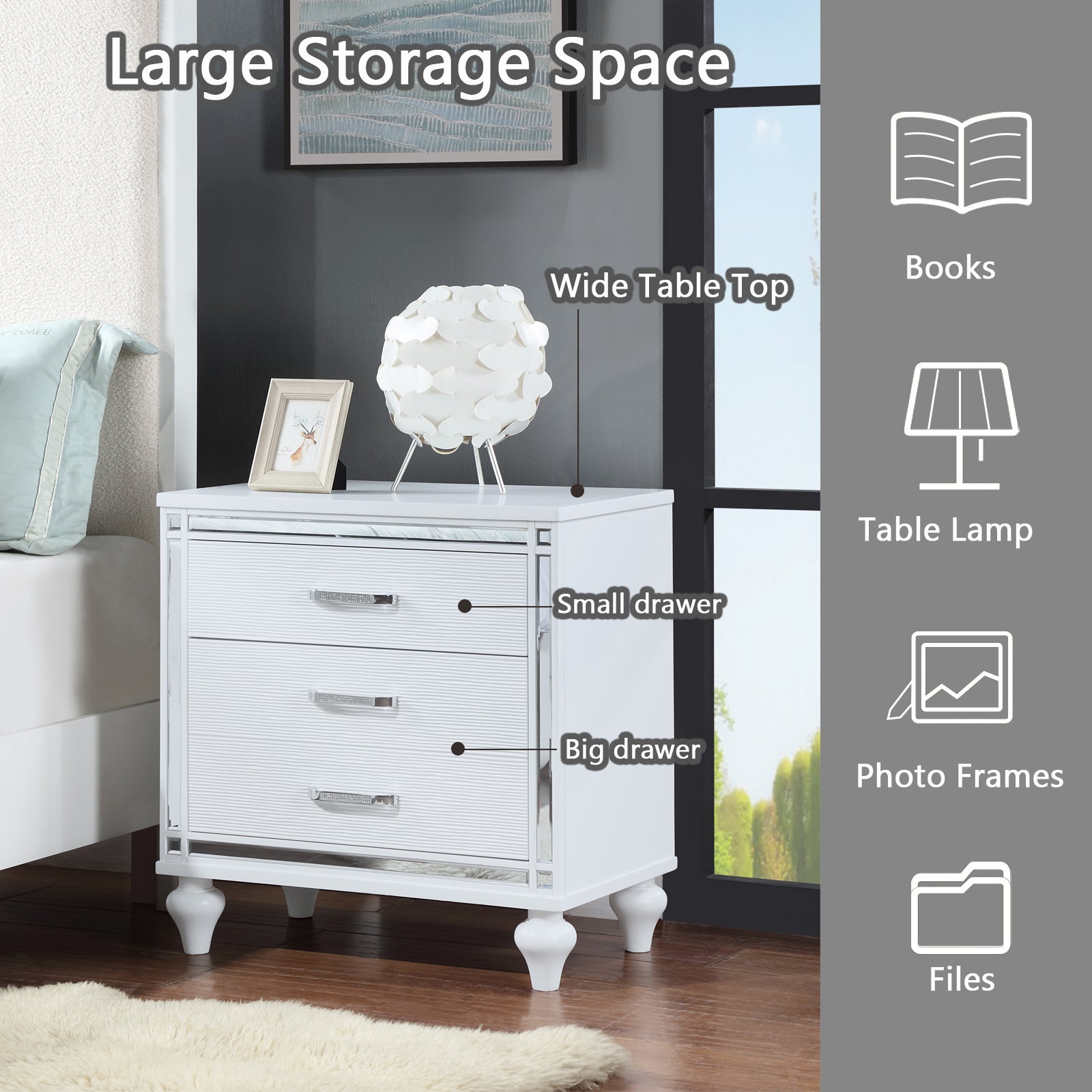 Contemporary Nightstands with mirror frame accents, Bedside Table with two drawers and one hidden drawer, End Table with Crystal Pull for Living Room,Bedroom, White