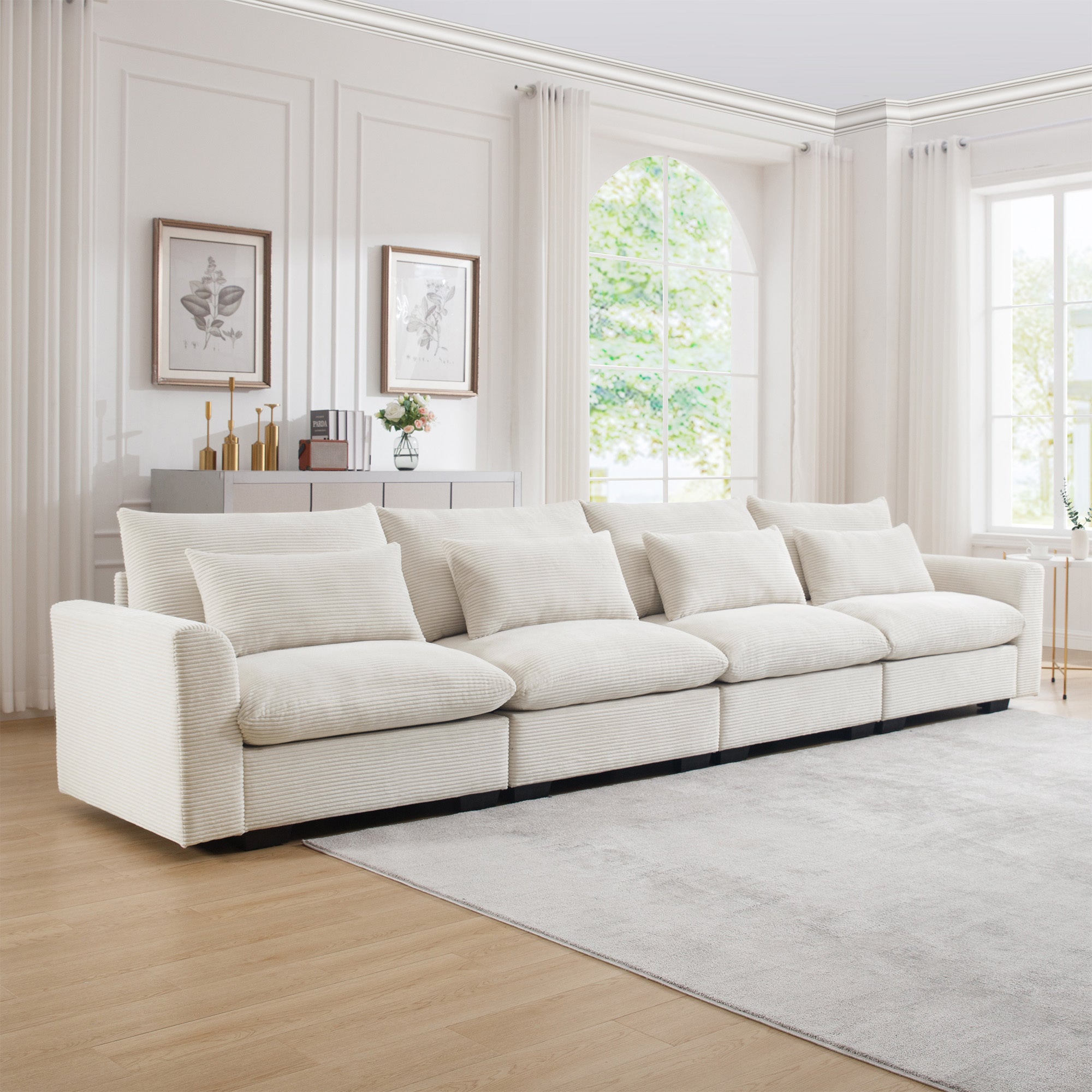 4 Seater Deep Seat Couches for Living Room, Comfy Beige Corduroy Sofas for Living Room Modern with 4 Waist Pillows