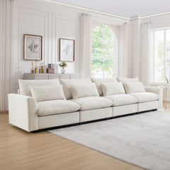 4 Seater Deep Seat Couches for Living Room, Comfy Beige Corduroy Sofas for Living Room Modern with 4 Waist Pillows