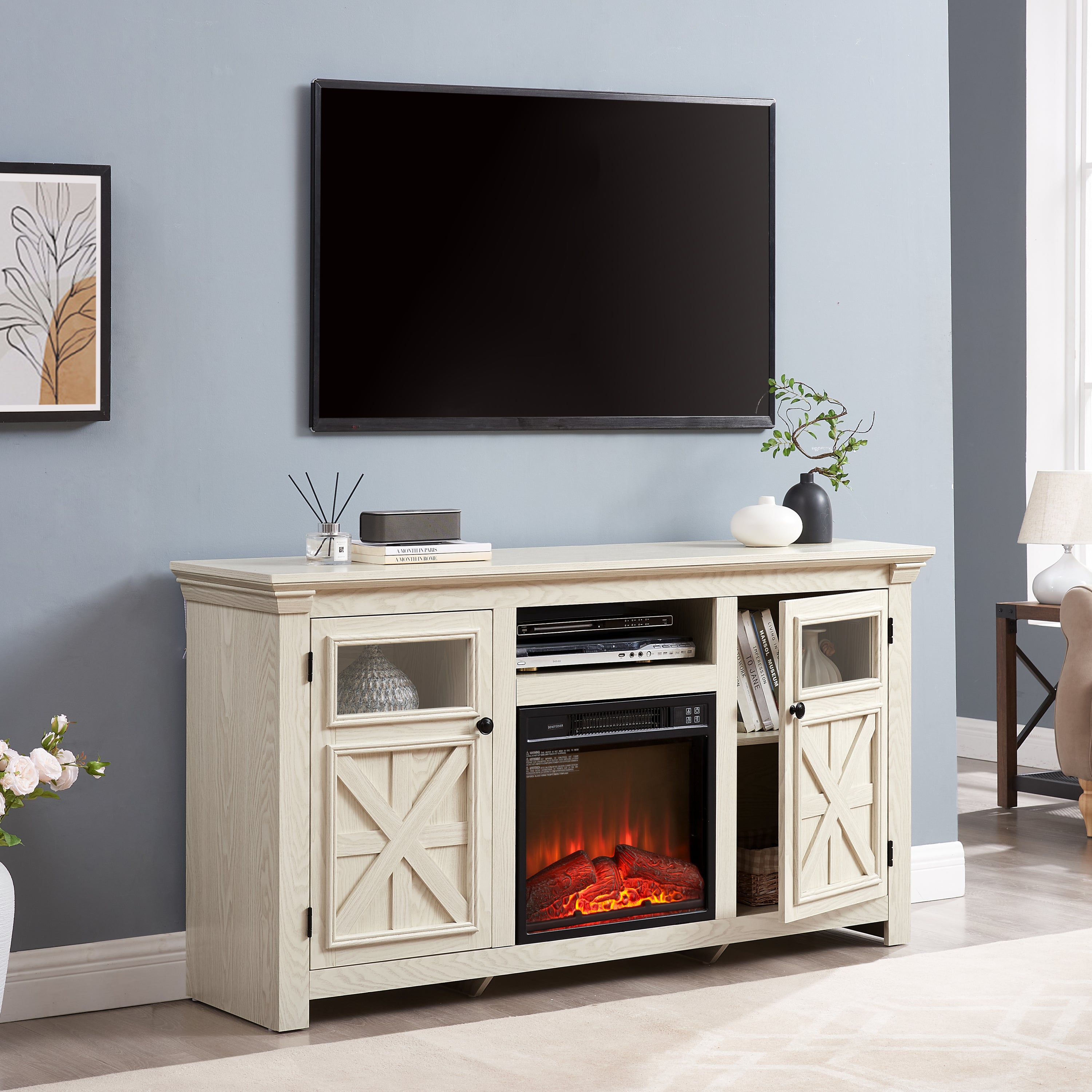 Farmhouse TV Stand with 2 Doors, Barn Design, Large Media Console with 18" Electric Fireplace Insert, WHITE