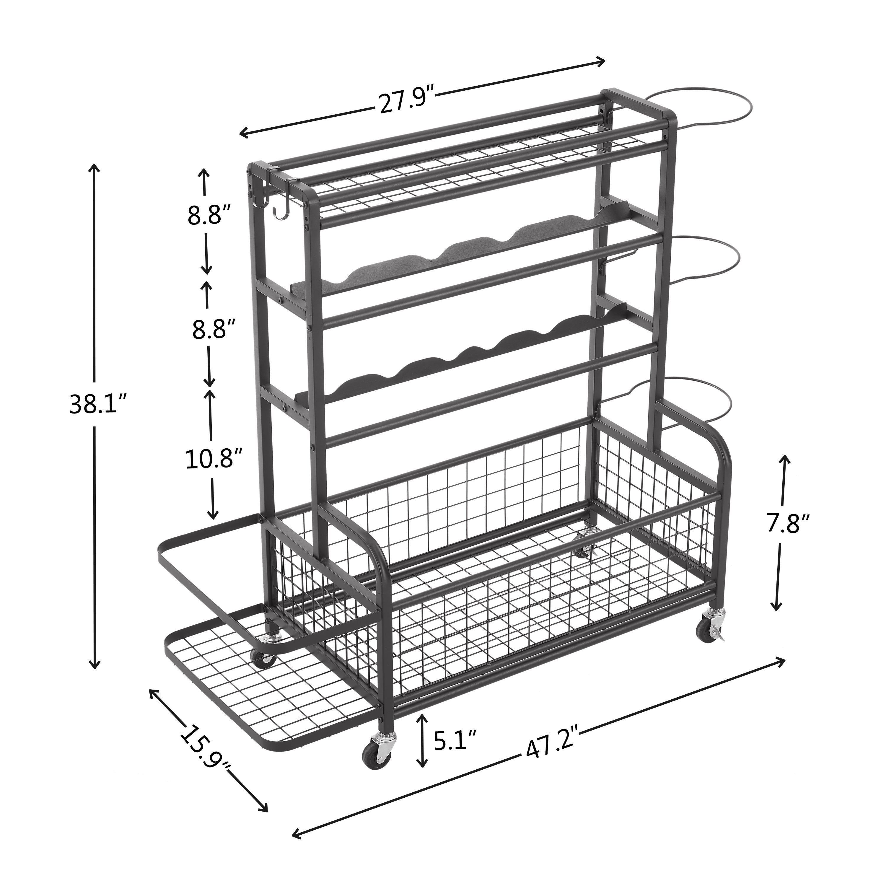 4-Tier Rolling Sports Organizer with Ball Storage & Hooks