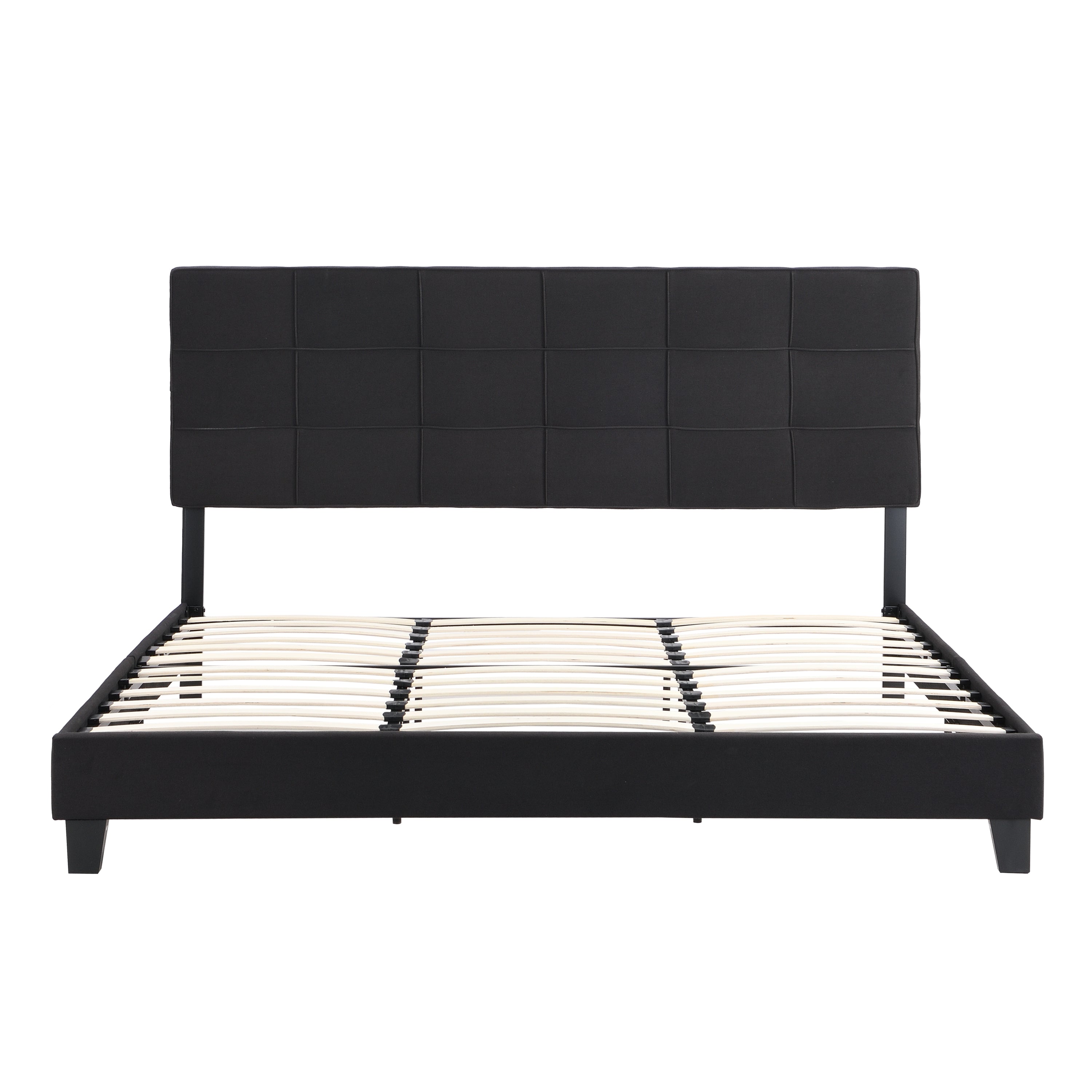 King Size Upholstered Platform Bed Frame with  Linen Fabric Headboard, No Box Spring Needed, Wood Slat Support, Easy Assembly, BLACK