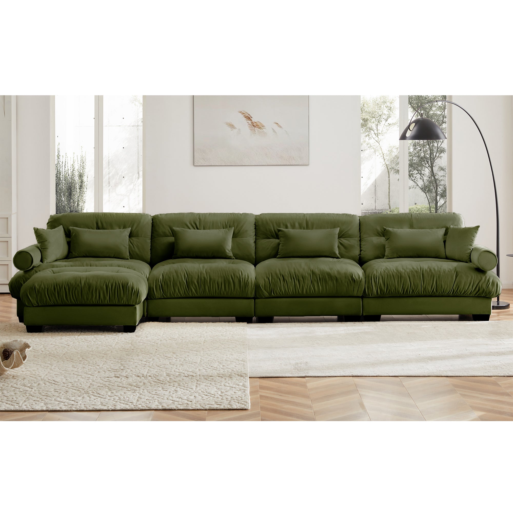 L-Shaped Convertible 4-Seater Cloud Sofa, Modern Velvet with Pillows and Bolstered Armrests,Olive green