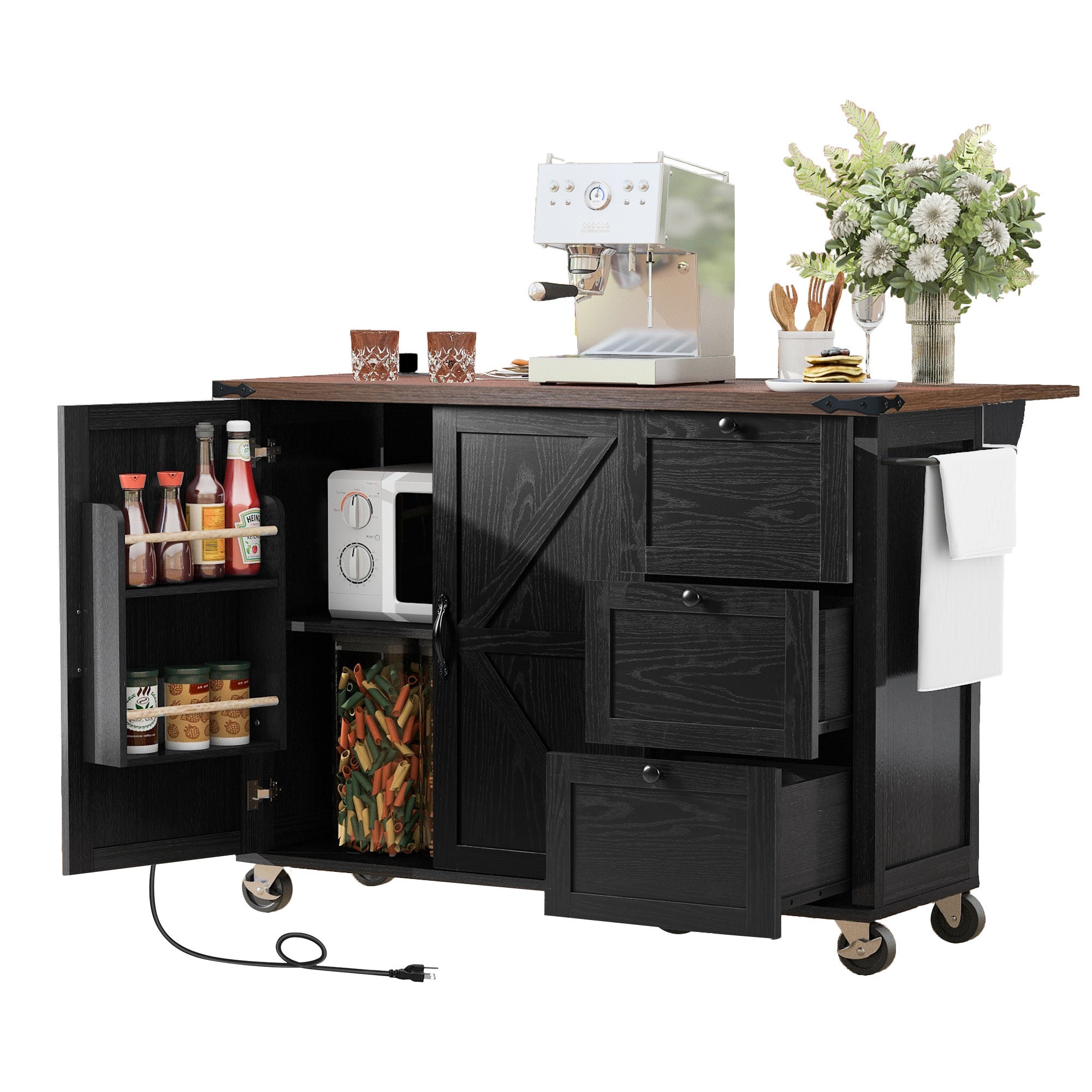 K&K 54.5" Kitchen Storage Island  with Internal Storage Rack, Drop Leaf, Spice Rack, Rolling Kitchen Cart on Wheels, Black