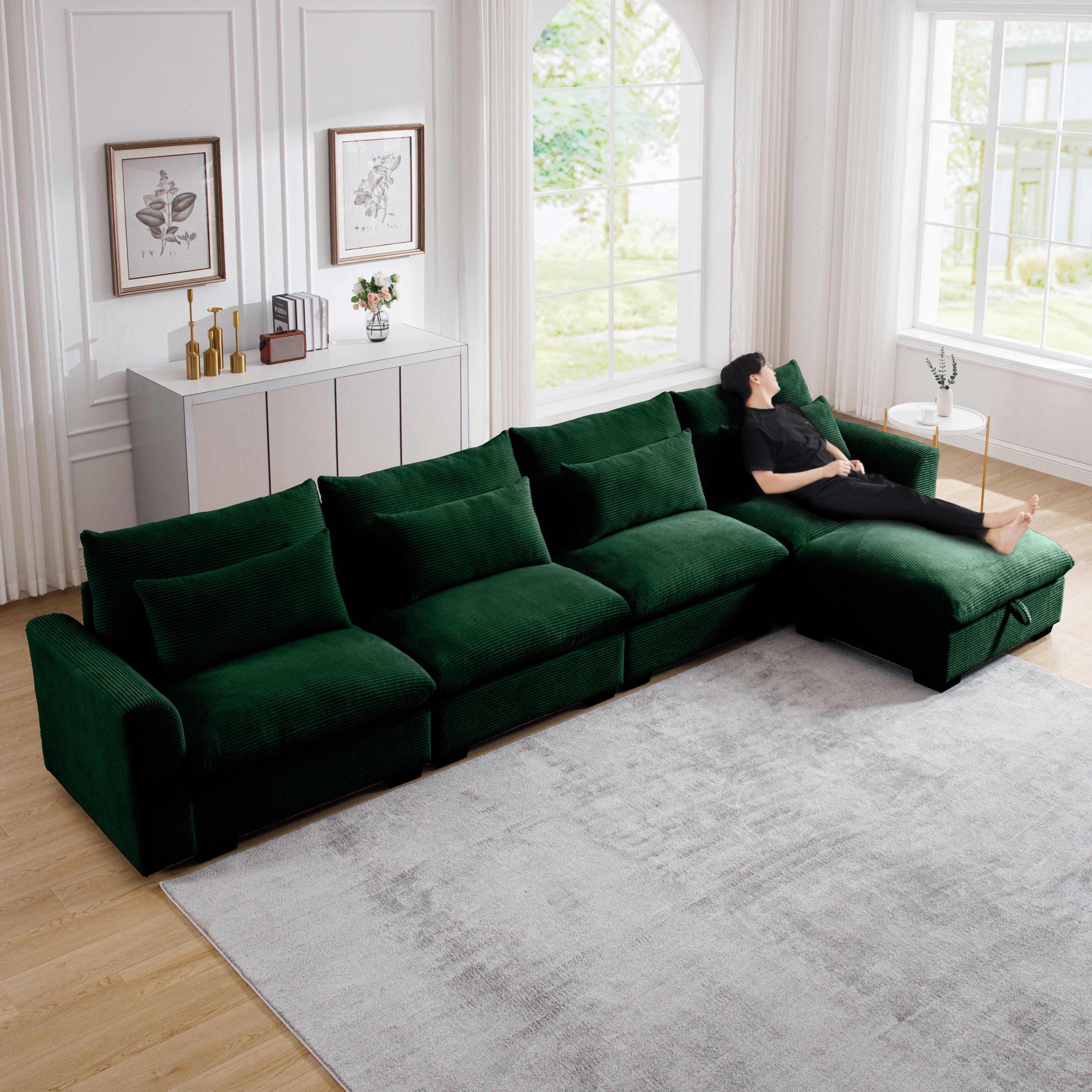 Large L Shape Sectional Corduroy Sofa,Deep Seat Couch with Storage Footstool and 4 Waist Pillows, Green