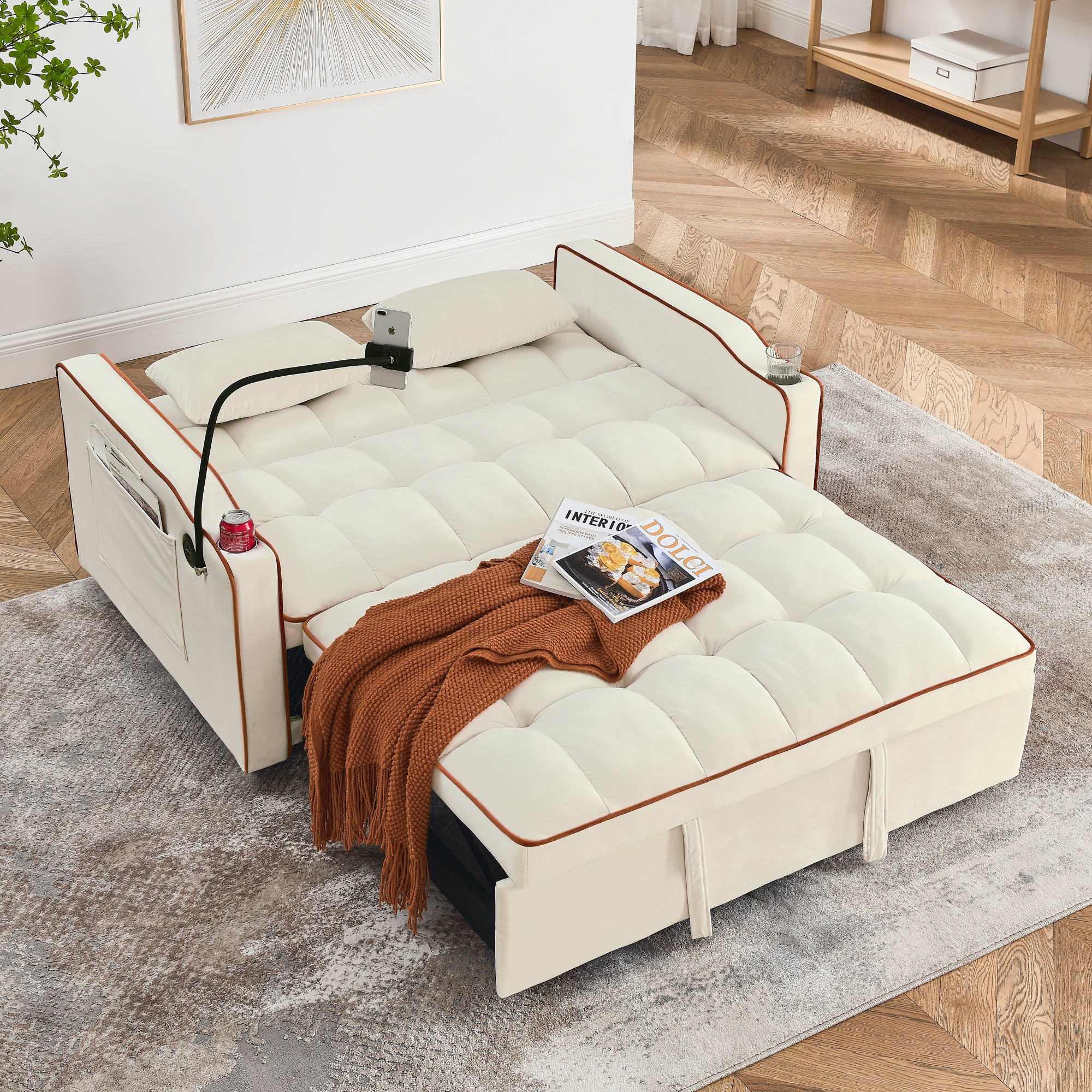 55.51" Foldable Velvet Sofa Bed with Adjustable Back, Pull-Out Design with USB Port, Ashtray, and Swivel Phone Stand, Beige