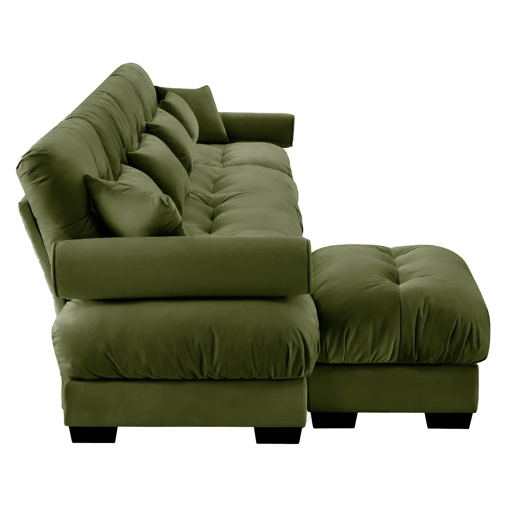 L-Shaped Convertible 4-Seater Cloud Sofa, Modern Velvet with Pillows and Bolstered Armrests,Olive green