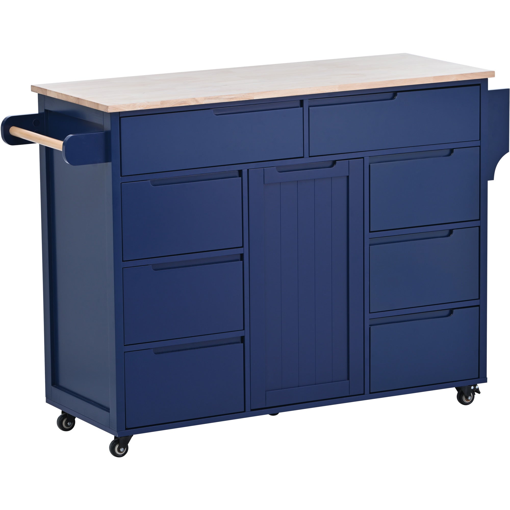 K&K Store Kitchen Cart with Rubber Wood Countertop , 8 Handle-Free Drawers and 5 Wheels for Kitchen Dinning Room, Dark Blue