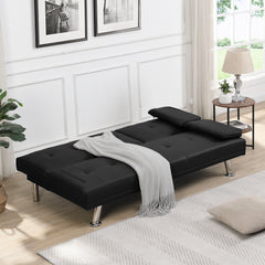 sofa bed with Armrest two holders  WOOD FRAME, STAINLESS LEG, FUTON BLACK  PVC