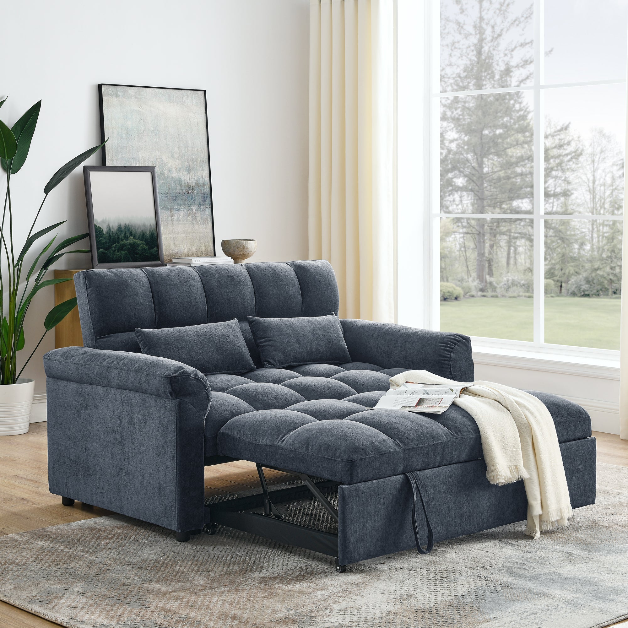 Loveseats Sofa Bed with Pull-out Bed,Adjsutable Back,Blue+ Grey