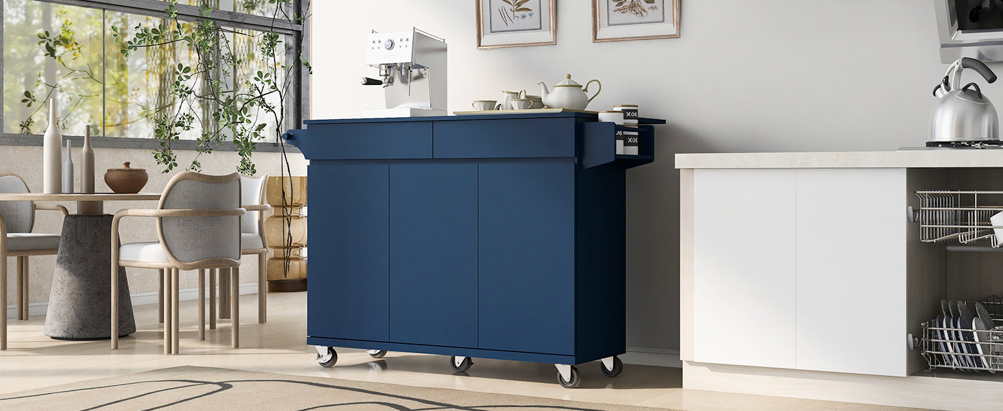 K&K 53.2''  Kitchen Island with Drop Leaf, Kitchen Storage Cart with Spice Rack, Towel Rack and 2 Drawers for Kitchen, Dining Room, Navy Blue