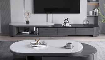 Sleek White Gloss TV Cabinet with Matte Grey Marble Accents - Plywood & Metal Construction faml-702