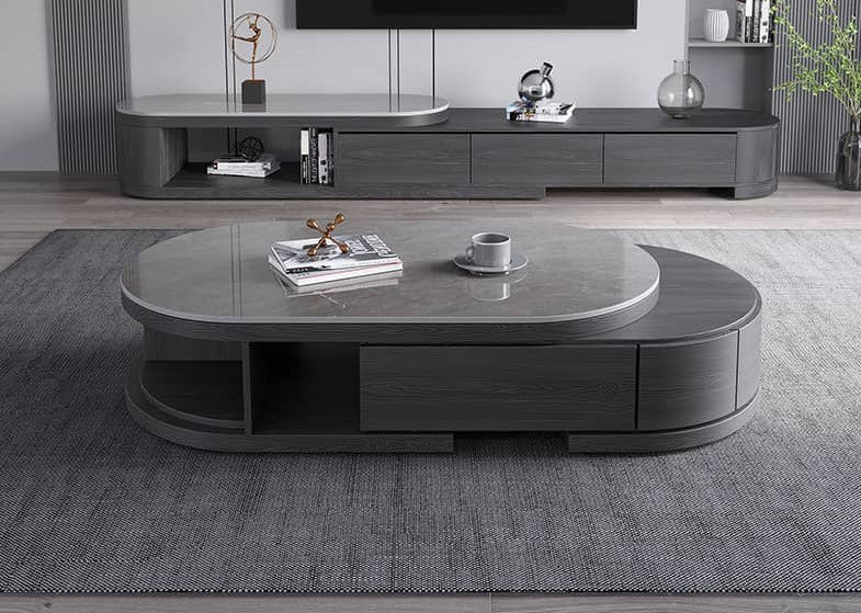 Stylish Oval Coffee Table with Storage and Marble Top - Durable Modern Design for LIvingroom faml-701