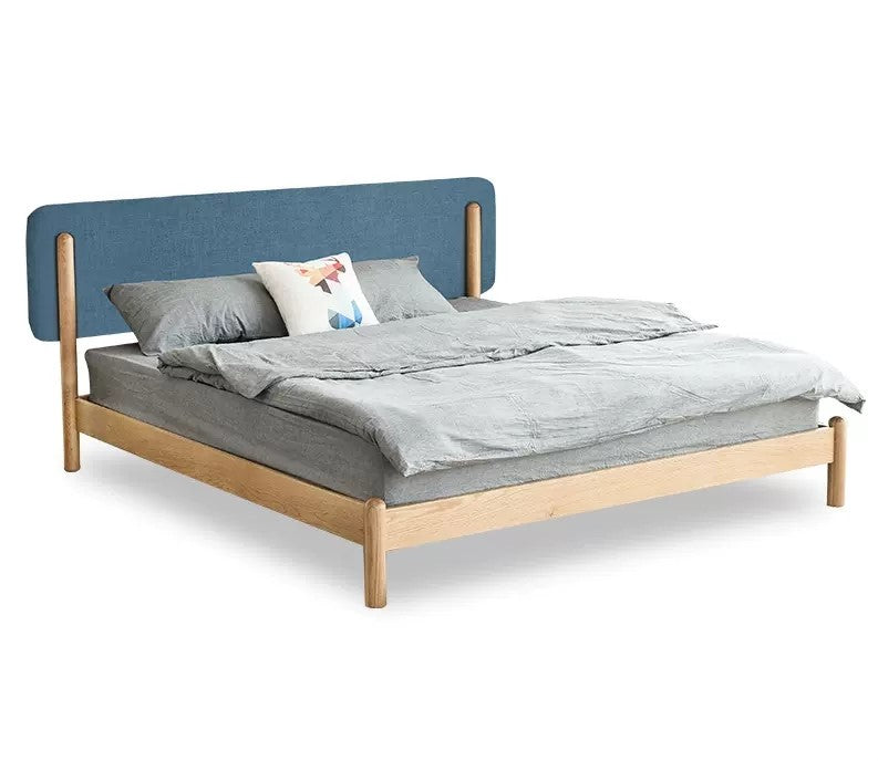 Stylish Natural Wood Bed Frame in Gray, Blue, or Brown - Oak and Pine with Cotton-Ramie Fabric Options hym-477