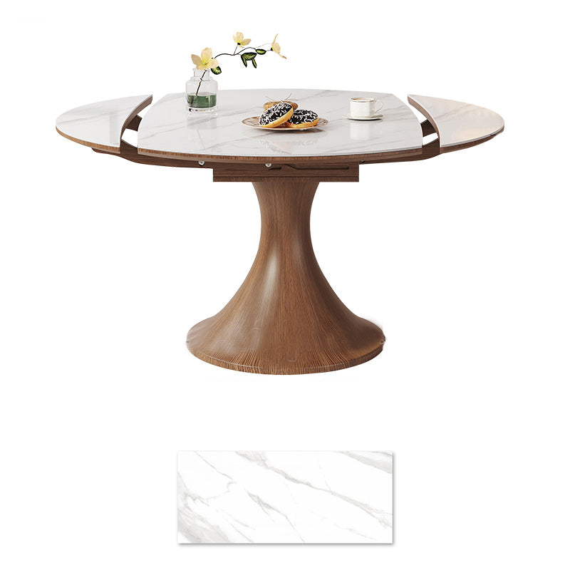 Modern Round Oak Wood Dining Table with Extendable Sintered Stone Top & Pedestal for 6-8 People fmbs-003