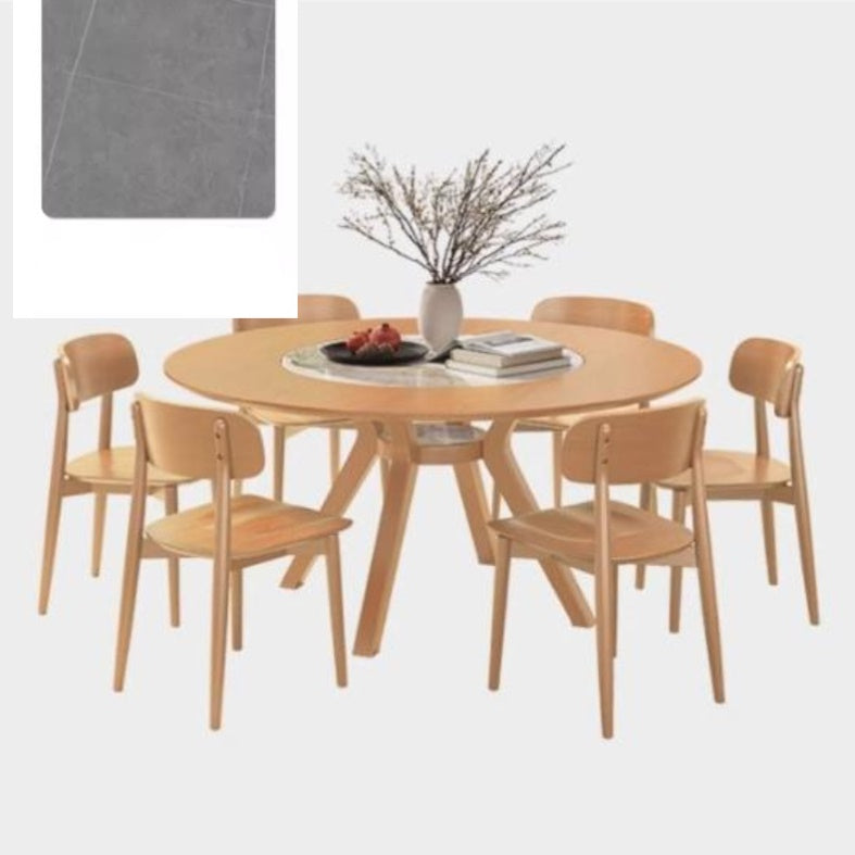 Modern Round Ash Wood Dining Table with Sintered Stone Top for 6 Seaters 4 Legs fmbs-005