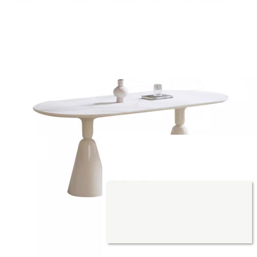 Minimalistic Oval Wooden Dining Table - Sintered Stone Top & Double Pedestals jh-078