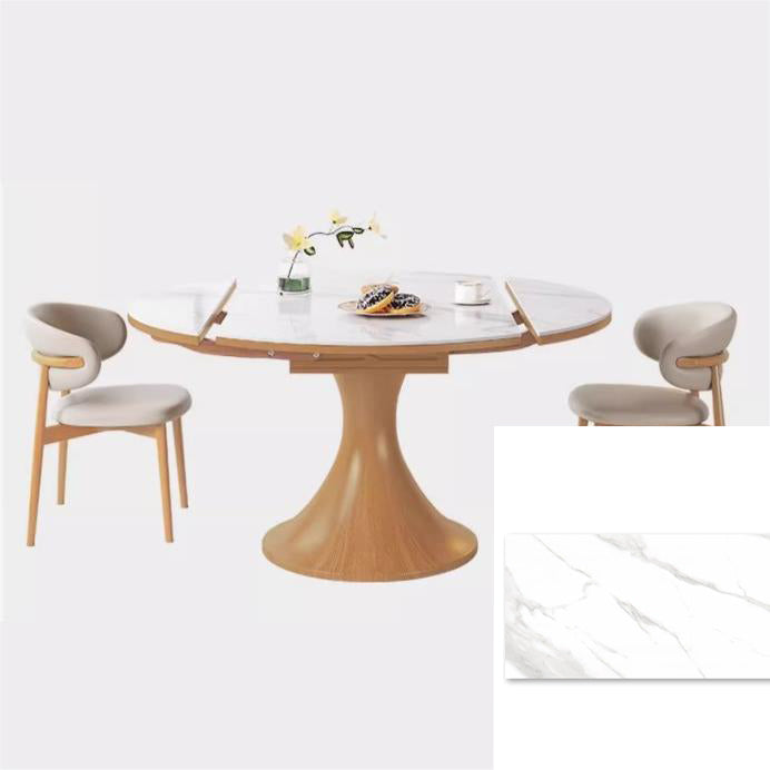 Modern Round Oak Wood Dining Table with Extendable Sintered Stone Top & Pedestal for 6-8 People fmbs-003