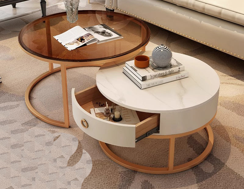 2-Pieces Sintered Stone Round Coffee Table with Storage - Modern Set Design for LIvingroom frg-493