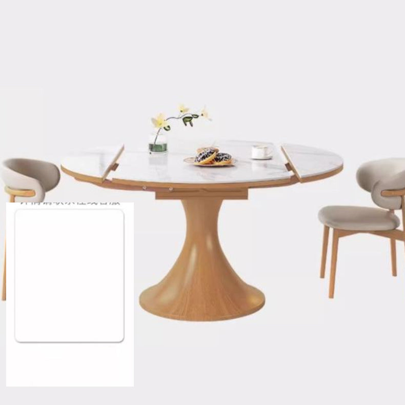 Modern Round Oak Wood Dining Table with Extendable Sintered Stone Top & Pedestal for 6-8 People fmbs-003