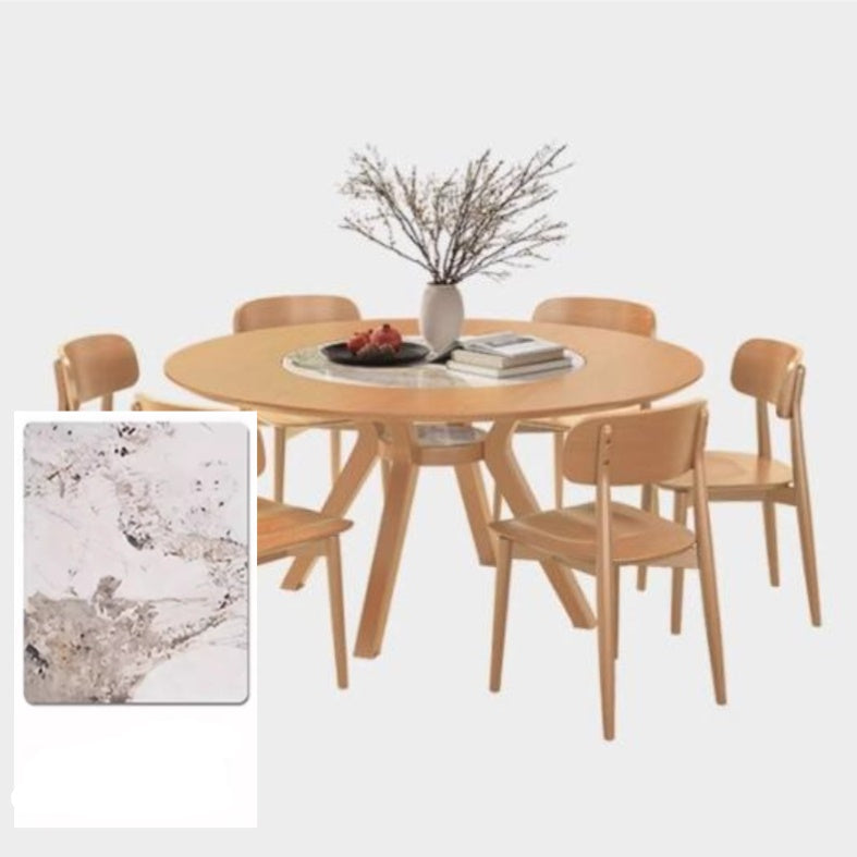 Modern Round Ash Wood Dining Table with Sintered Stone Top for 6 Seaters 4 Legs fmbs-005