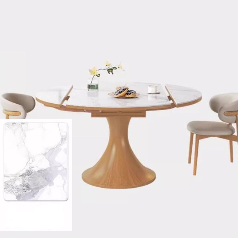 Modern Round Oak Wood Dining Table with Extendable Sintered Stone Top & Pedestal for 6-8 People fmbs-003