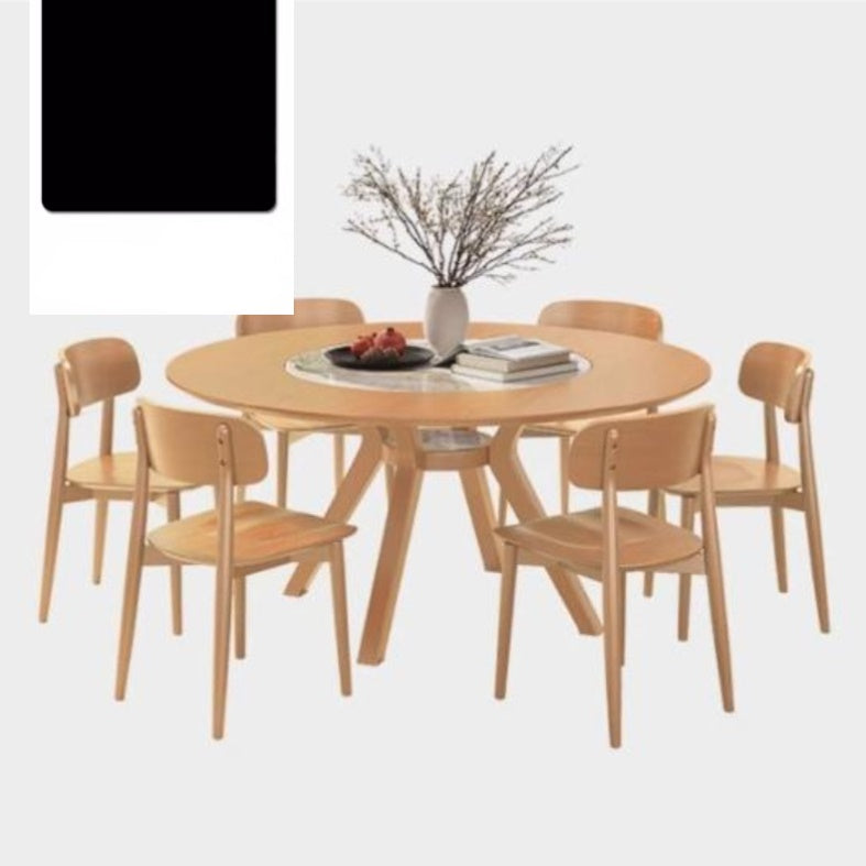 Modern Round Ash Wood Dining Table with Sintered Stone Top for 6 Seaters 4 Legs fmbs-005