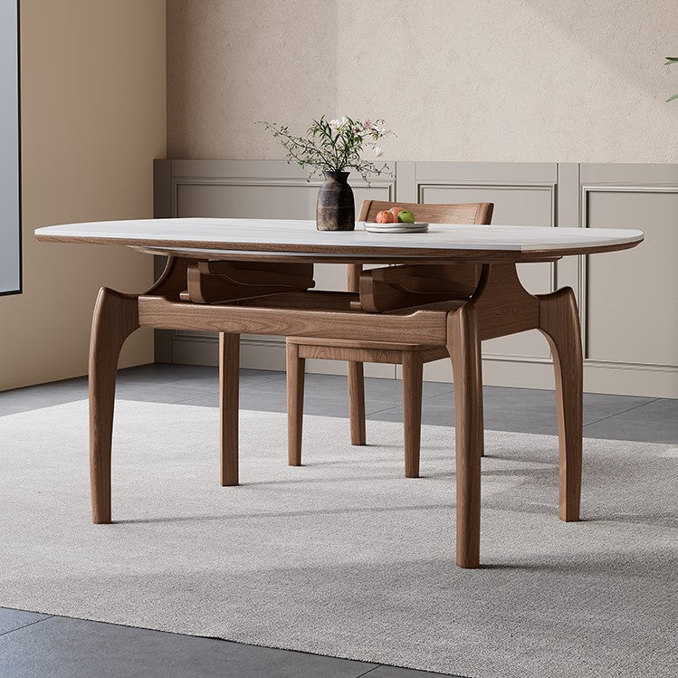 Extendable Round Dining Table with Sintered Stone Top and Wooden Base - Modern for Diningroom fnl-276